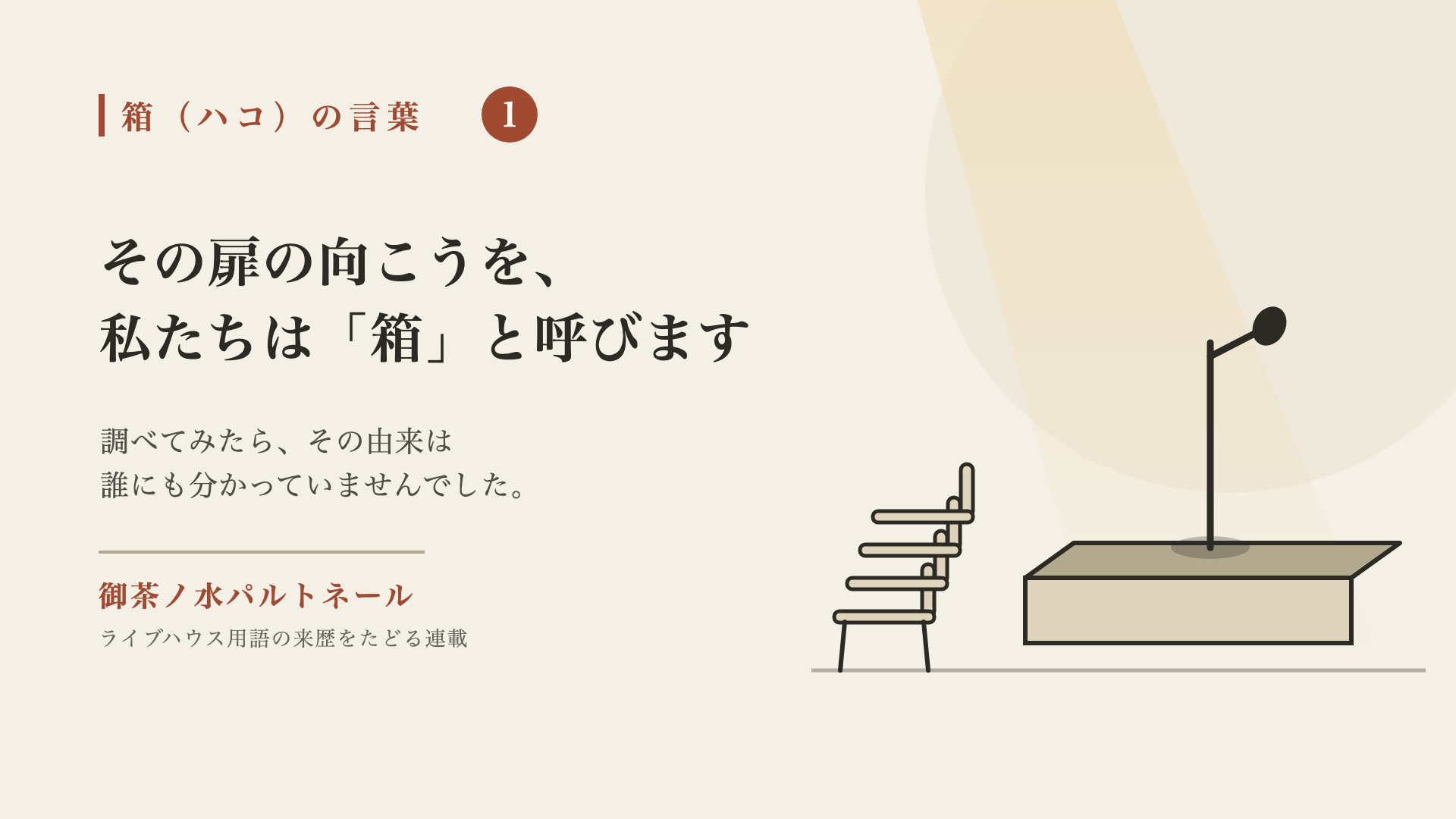 積み重ねられた椅子と、マイクスタンドが一本だけ立つ誰もいないステージ。連載「箱（ハコ）の言葉」第1回の題字